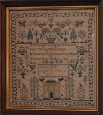 Lot 540 - An embroidered house sampler by Maria Bull,...