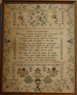 Lot 541 - An embroidered sampler by Emma Thompson, aged...