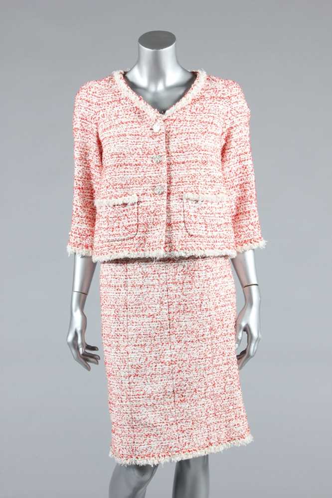 Lot 440 - A Chanel red and white tweed suit, labelled...