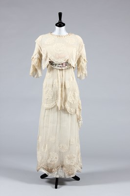 Lot 5 - A tamboured white gauze dress, circa 1914,...