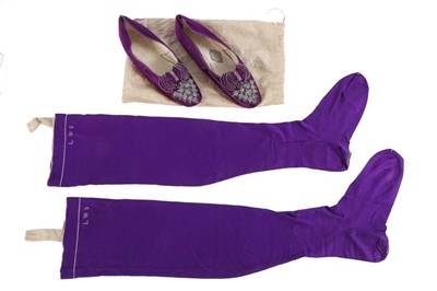 Lot 99 - A fine pair of mauveine dyed satin shoes,...