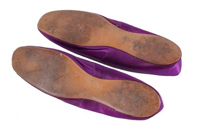 Lot 99 - A fine pair of mauveine dyed satin shoes,...