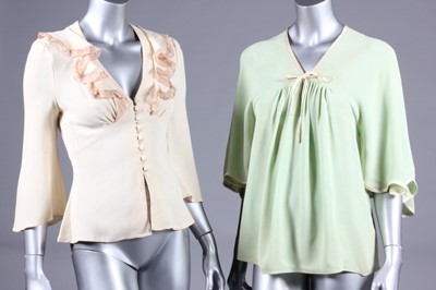 Lot 142 - Two Ossie Clark blouses, 1970s, one of moss...