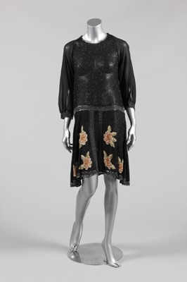 Lot 11 - A black beaded muslin flapper dress, late...