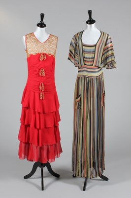 Lot 124 - Five 1930s dresses, comprising: pretty scarlet...