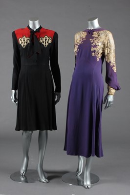 Lot 369 - Three dresses, late 1930s-early 40s, of purple...