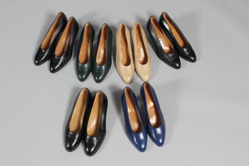 Lot 47 - Six pairs of Hermès leather court shoes, 1980s-...