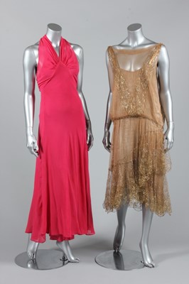 Lot 48 - Three evening gowns, 1930s, one of green and...