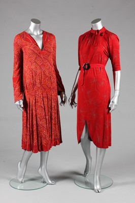 Lot 175 - A Jean Muir printed scarlet jersey dress,...