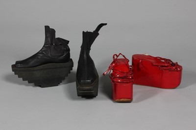 Lot 218 - Two pairs of shoes, comprising: red patent...