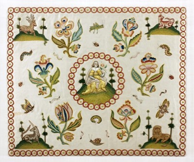 Lot 46 - A fine embroidered satin pillow cover, English,...