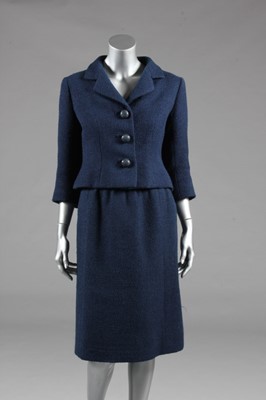 Lot 129 - A Balenciaga couture petrol-blue tweed suit,...