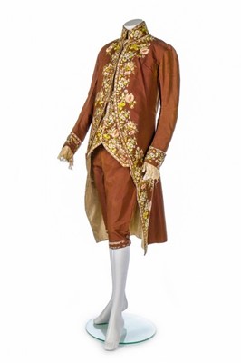 Lot 30 - A gentleman's embroidered brown silk suit,...