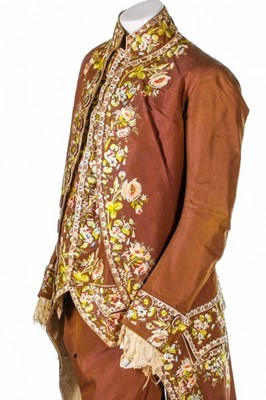 Lot 30 - A gentleman's embroidered brown silk suit,...
