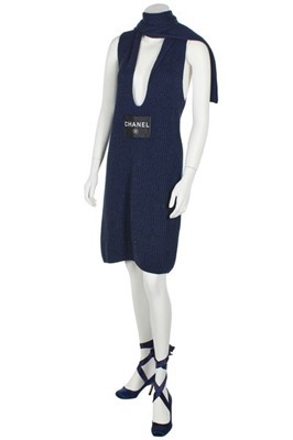 Lot 214 - A Chanel navy knitted cashmere sweater-dress,...