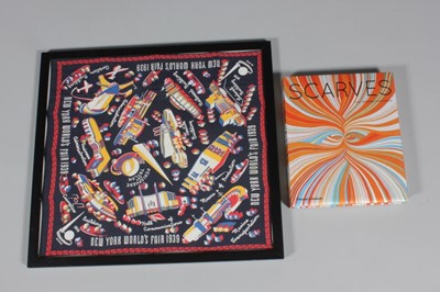 Lot 439 - A framed New World's Fair printed rayon scarf,...