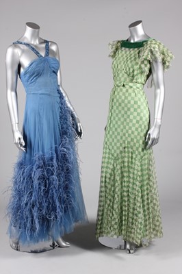 Lot 312 - Three evening gowns, 1930s, comprising: green...