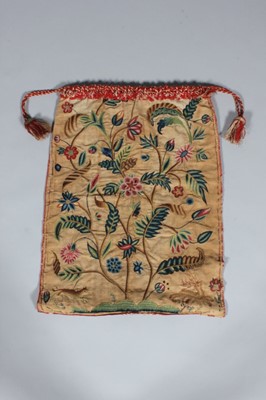 Lot 46 - A crewel embroidered work bag, English, dated...