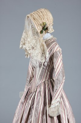 Lot 88 - A fine striped taffeta bridal gown and bonnet,...