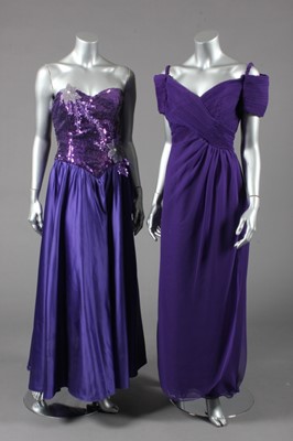 Lot 360 - Two purple evening dresses, 1980s, one with...