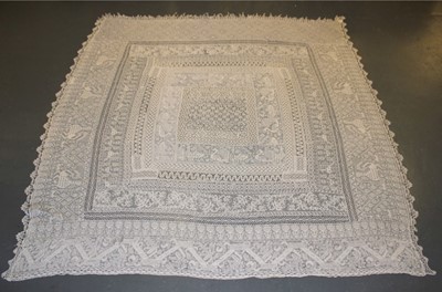 Lot 369 - A composite lace coverlet, the centre of 17th...