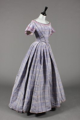 Lot 63 - A lilac tartan moire taffeta gown with day and...