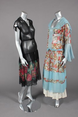 Lot 80 - Three printed chiffon gowns, late 1920s-early...