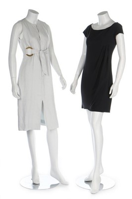 Lot 46 - A Chanel ivory and navy three-piece knitted...