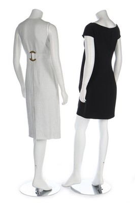 Lot 46 - A Chanel ivory and navy three-piece knitted...