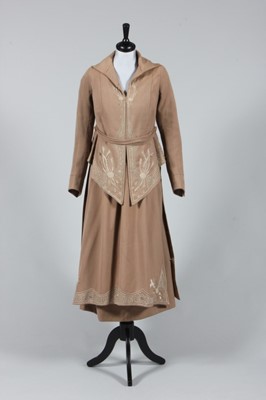 Lot 33 - An embroidered brown wool walking suit, circa...