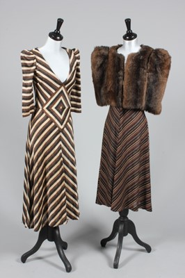 Lot 371 - Two Biba brown/black striped lurex dresses,...