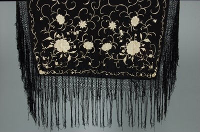 Lot 35 - Three embroidered black silk shawls, Cantonese,...