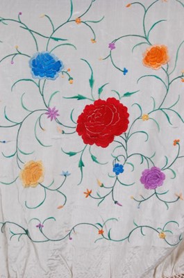Lot 36 - Two embroidered ivory silk shawls, Cantonese...
