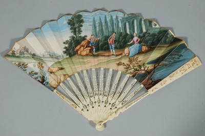 Lot 413 - A painted fan, circa 1770, with pierced ivory...