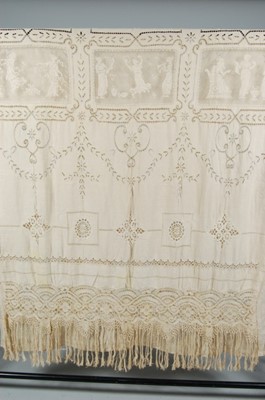 Lot 424 - An ecru linen and filet lace curtain panel,...