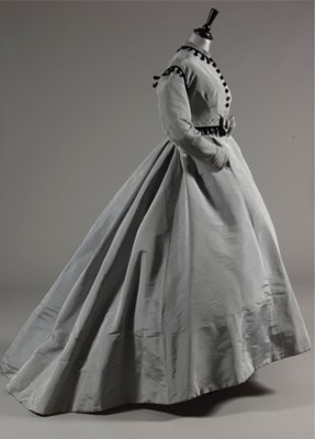 Lot 43 - A grey moiré silk gown, circa 1865, the bodice...