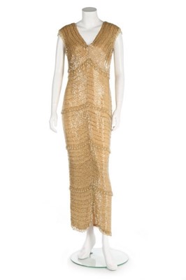 Lot 92 - A Helen Rose gold bugle-beaded evening gown,...