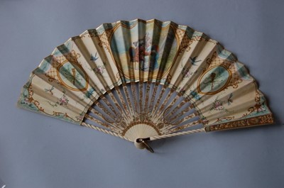 Lot 365 - A painted fan, 1870s in 17th century style,...