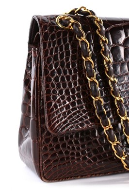 Lot 8 - A Chanel brown polished alligator double-flap...