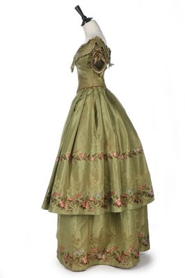 Lot 33 - A brocaded green silk taffeta ball gown, mid...