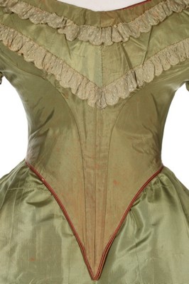 Lot 33 - A brocaded green silk taffeta ball gown, mid...