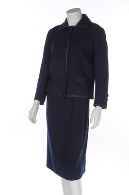 Lot 86 - A Chanel couture navy moss crpe suit,...