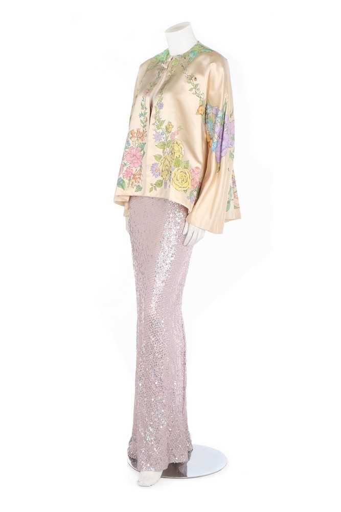 Lot 136 - A hand-painted ivory satin evening jacket,...