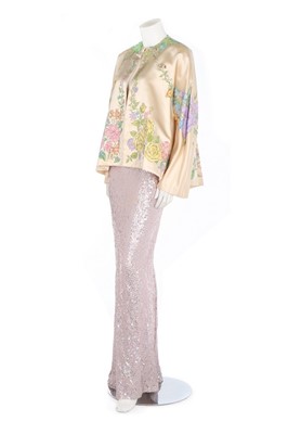 Lot 136 - A hand-painted ivory satin evening jacket,...