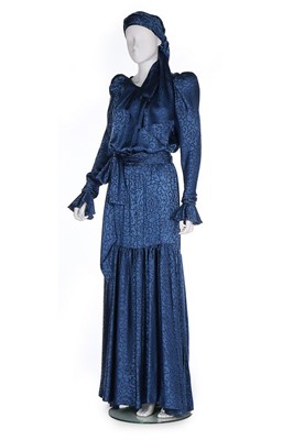 Lot 162 - An Yves Saint Laurent couture blue silk damask...