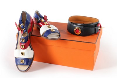 Lot 326 - A pair of Hermès tri-colour sandals, 1989,...