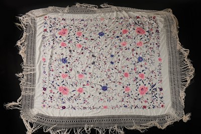 Lot 491 - An embroidered pale grey silk shawl, Cantonese,...