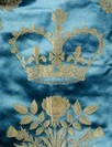 Lot 72 - A fine pair of brocaded blue satin curtains...