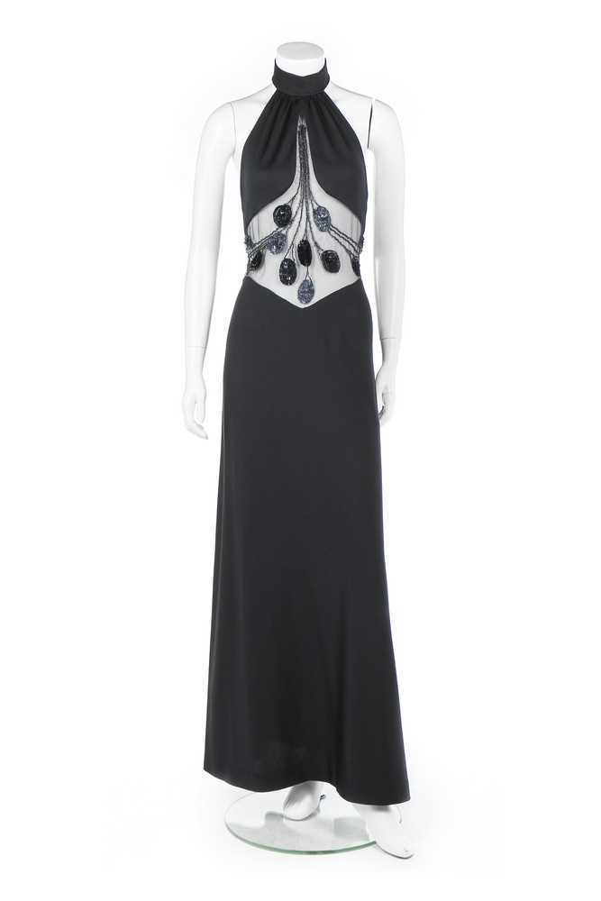 c.1973 Loris Azzaro Backless Black Jersey Dress w Gold & Black Sequin Flame Halter Top