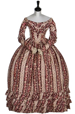 Lot 38 - A magenta-striped cotton day dress, late 1830s-early 1840s